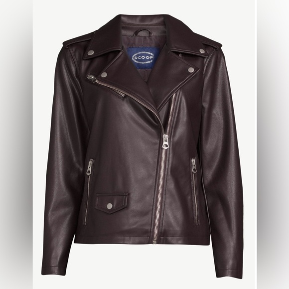 Scoop Neck Faux Leather Moto Jacket - Picture 1 of 16